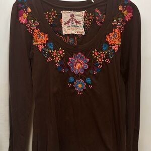 Johnny Was Dark Brown Floral Embroidered Long Sleeve Top